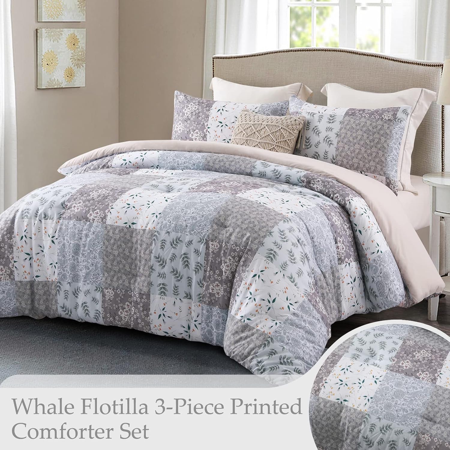 Double Size Coverless Duvet Set 7.5Tog, Patchwork Floral Bed Cover Bedding Comforter Duvets Sets for All Seasons, Machine Washable, 200×200CM, Grey