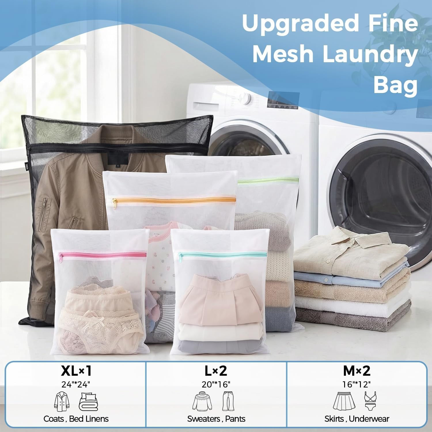 Mesh Laundry Bags, Washing Machine Wash Bags, Reusable and Durable Mesh Wash Bags for Delicate Blouse, Hosiery, Underwear, Bra, Lingerie and Baby Clothes, Great for Travel Storage Organization