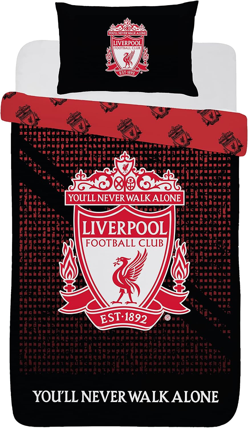 Football Duvet Cover Sets Bedding Single or Double Bed Set with Pillowcase LFC Mesh Football Gifts for Boys (Single), Red/Black