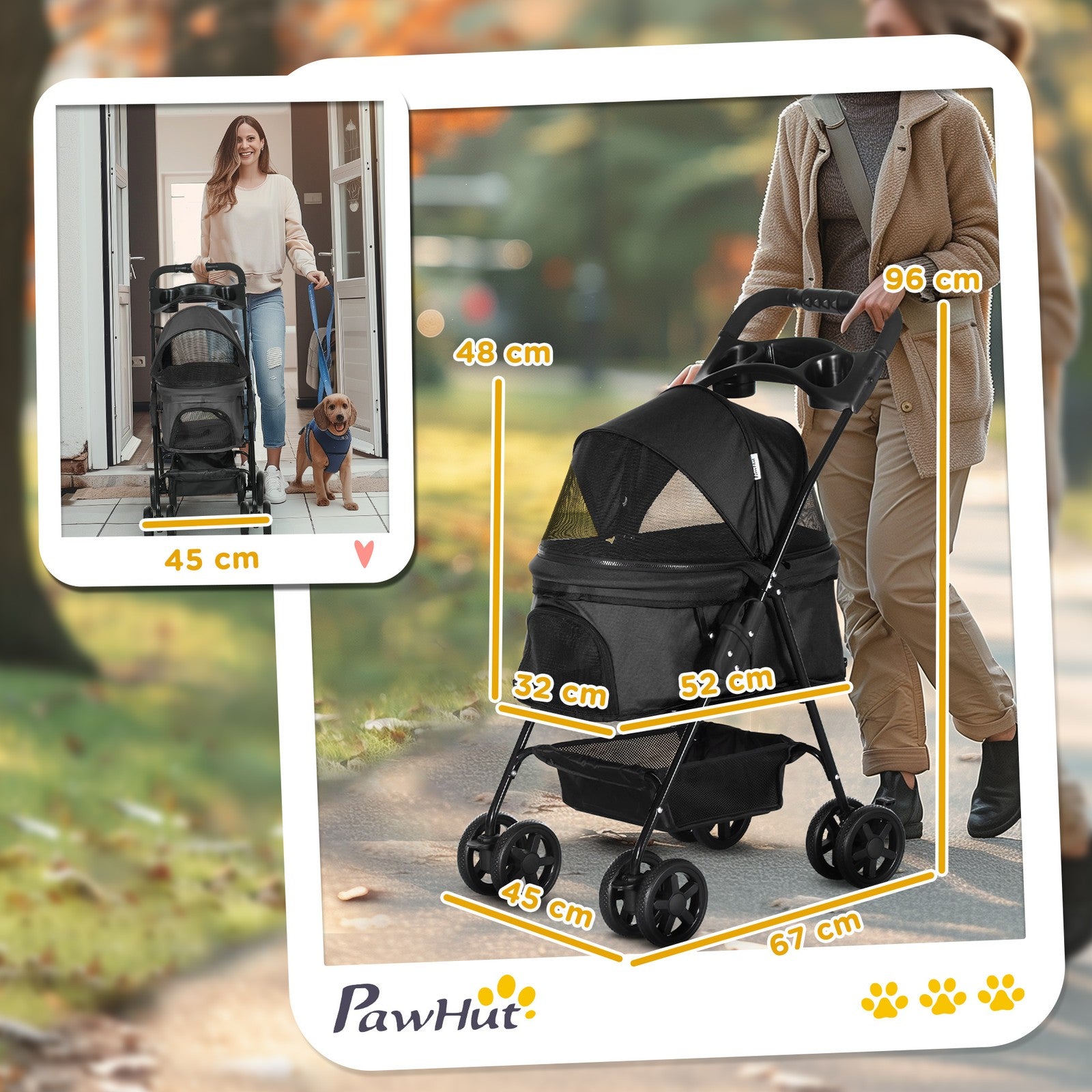 Pet Stroller Foldable Travel Carriage W/ Brake Basket Adjustable Canopy, Black