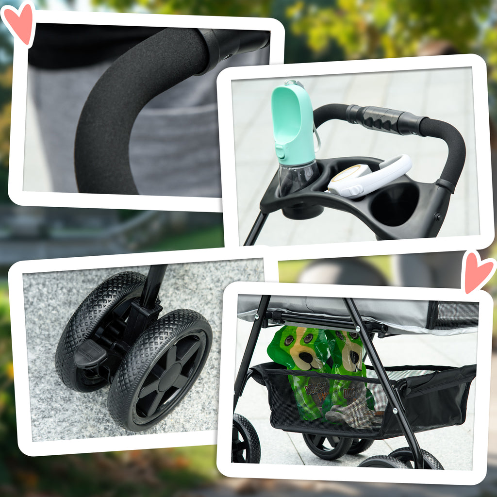 Pet Stroller Foldable Travel Carriage W/ Brake Basket Adjustable Canopy, Black
