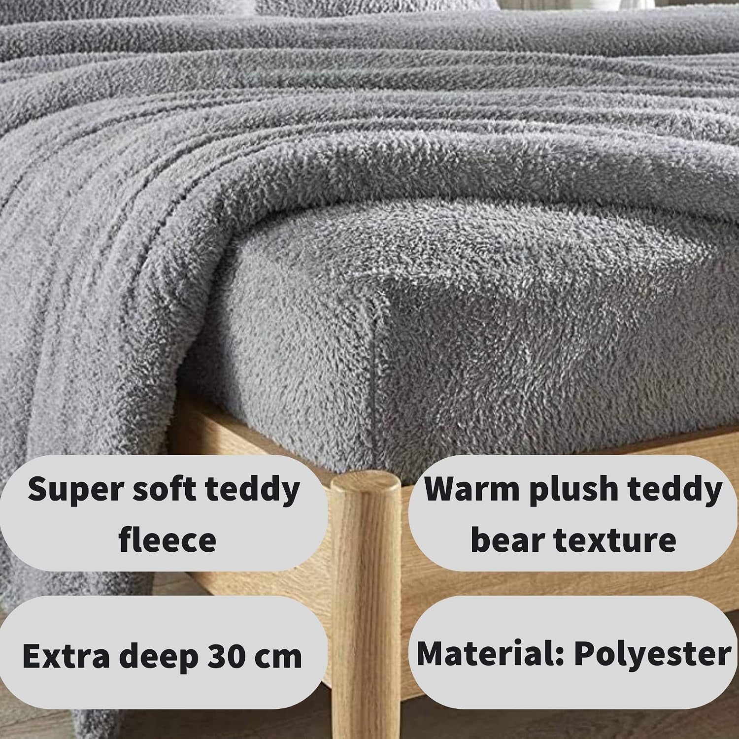 Teddy Fleece Extra Deep Fitted Sheet Cosy Warm Fluffy Fitted Bed Sheets, Double Grey