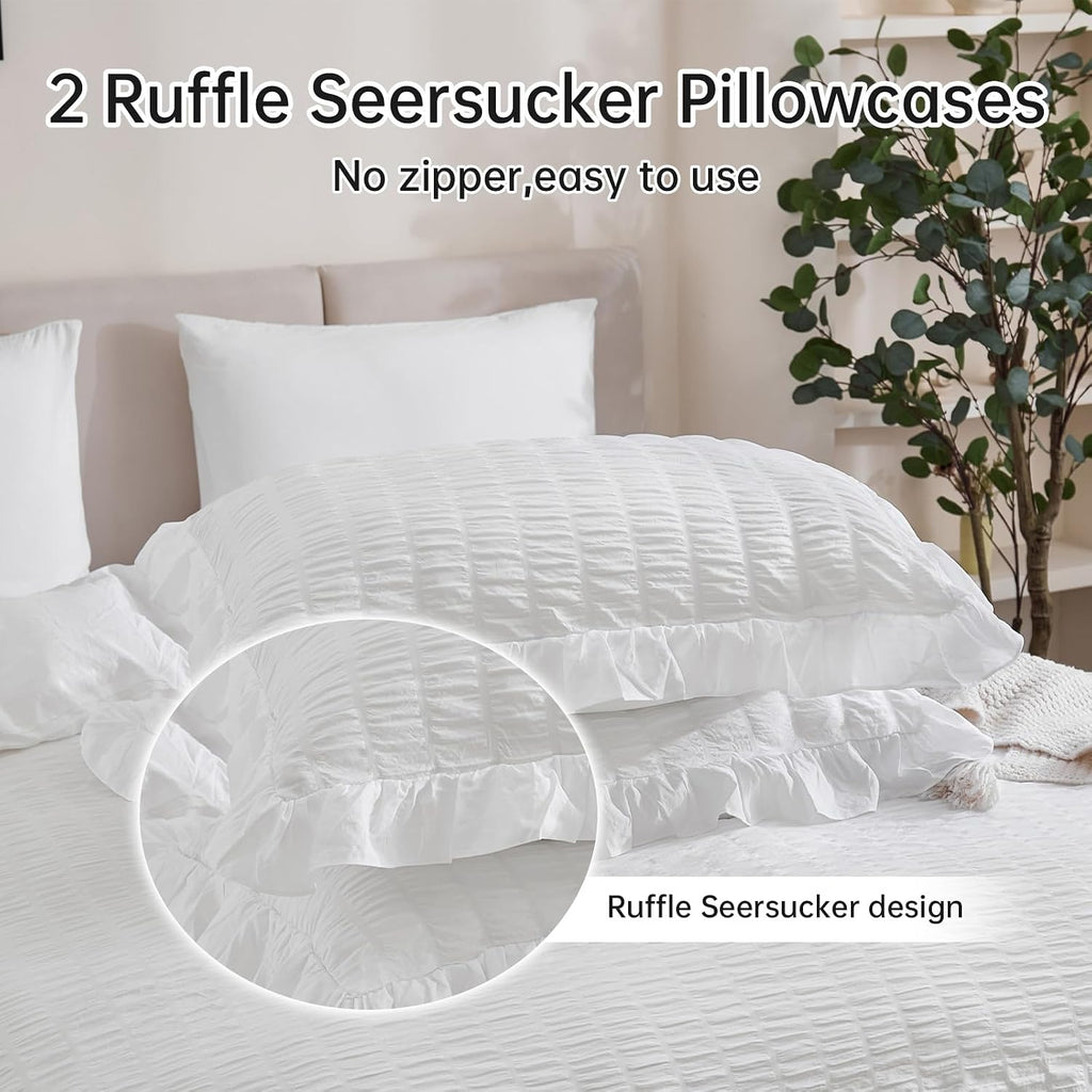 White Double Duvet Cover Set - 3 Pieces Seersucker Ruffle Bedding Sets (1 Duvet Cover and 2 Pillowcases) - Soft Microfiber Bed Sets for All Seasons 200X200 Cm