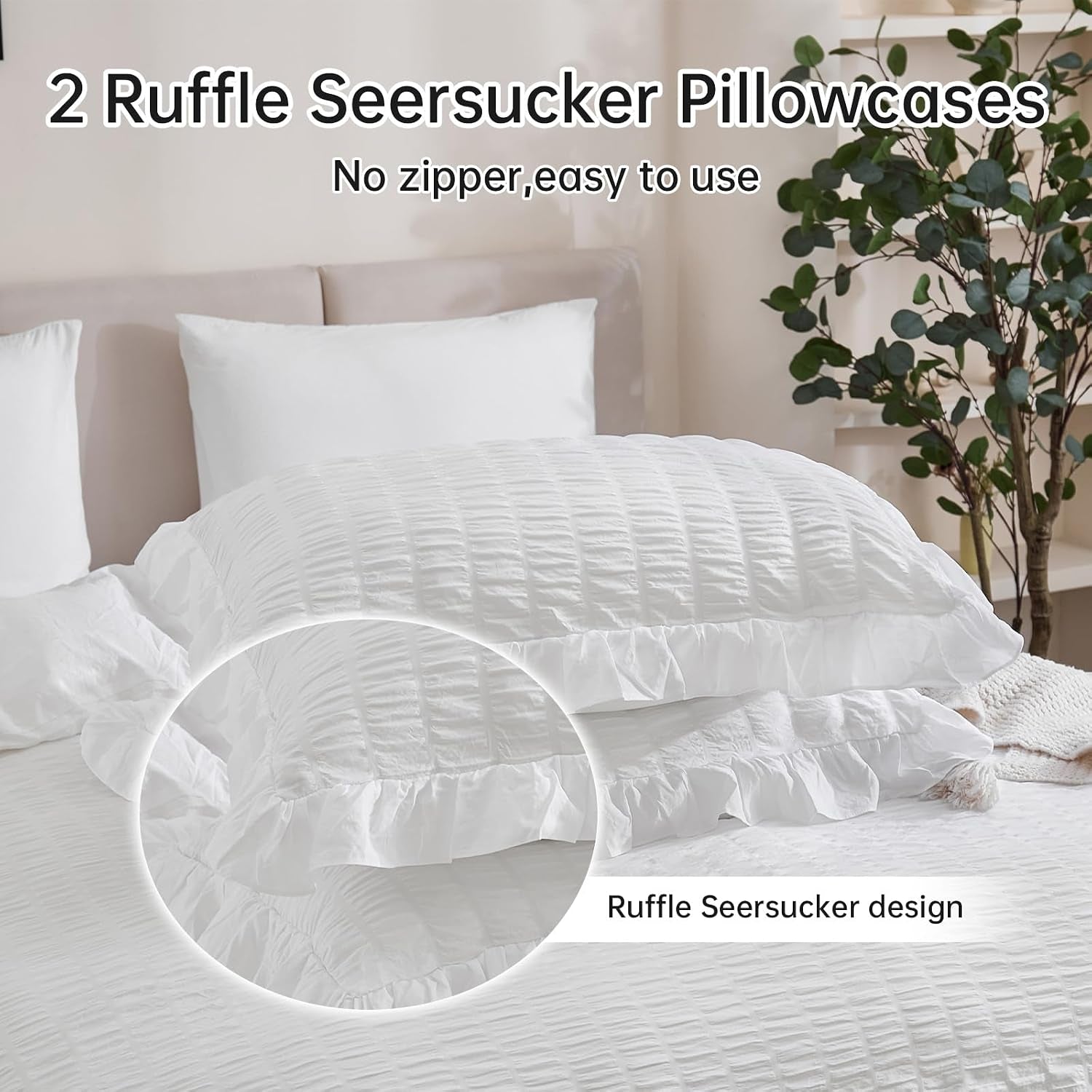 White Double Duvet Cover Set - 3 Pieces Seersucker Ruffle Bedding Sets (1 Duvet Cover and 2 Pillowcases) - Soft Microfiber Bed Sets for All Seasons 200X200 Cm