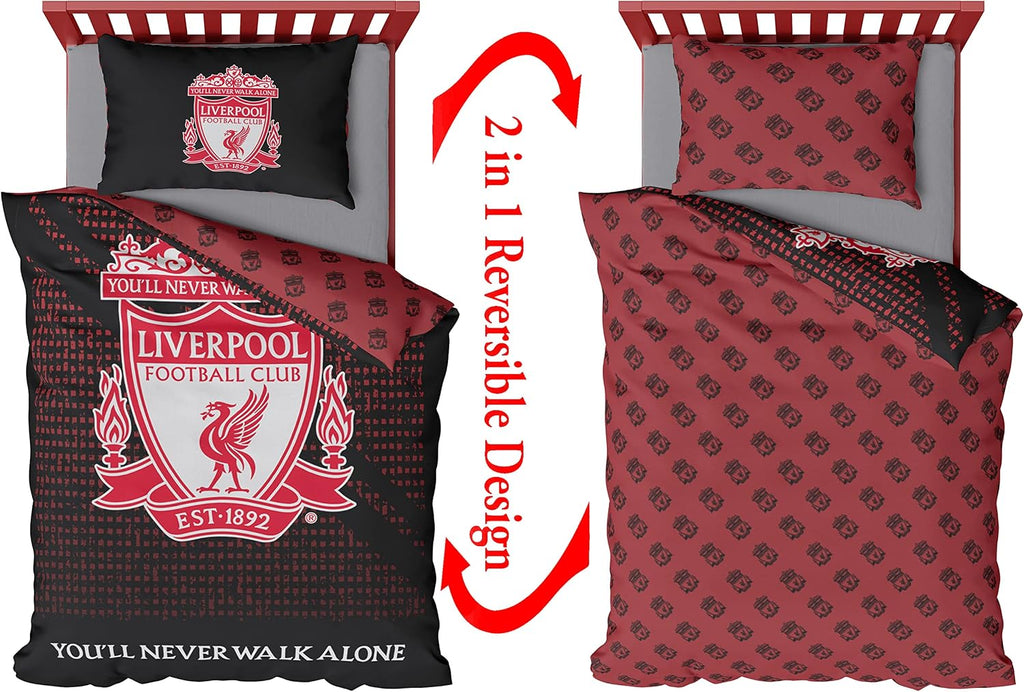 Football Duvet Cover Sets Bedding Single or Double Bed Set with Pillowcase LFC Mesh Football Gifts for Boys (Single), Red/Black