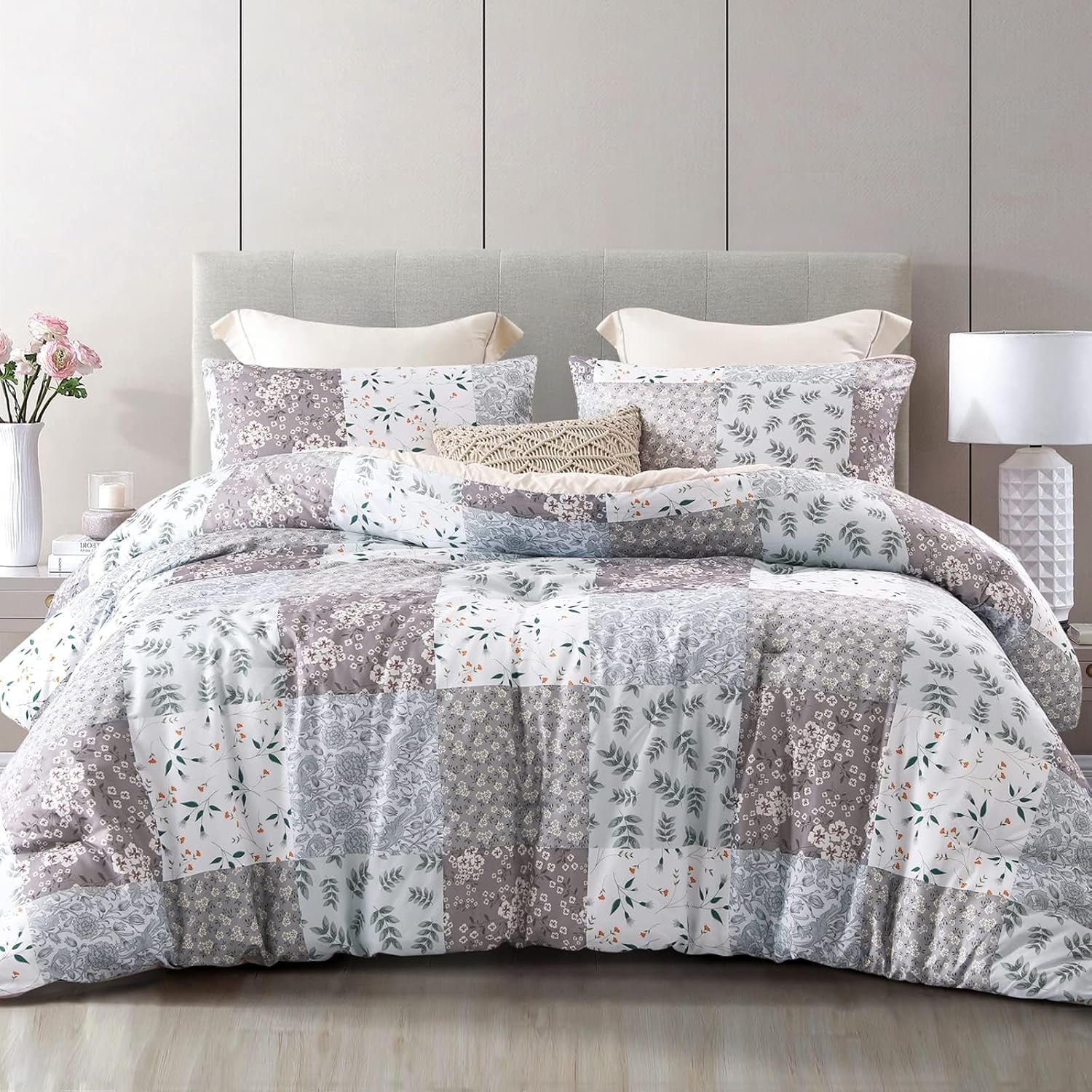 Double Size Coverless Duvet Set 7.5Tog, Patchwork Floral Bed Cover Bedding Comforter Duvets Sets for All Seasons, Machine Washable, 200×200CM, Grey