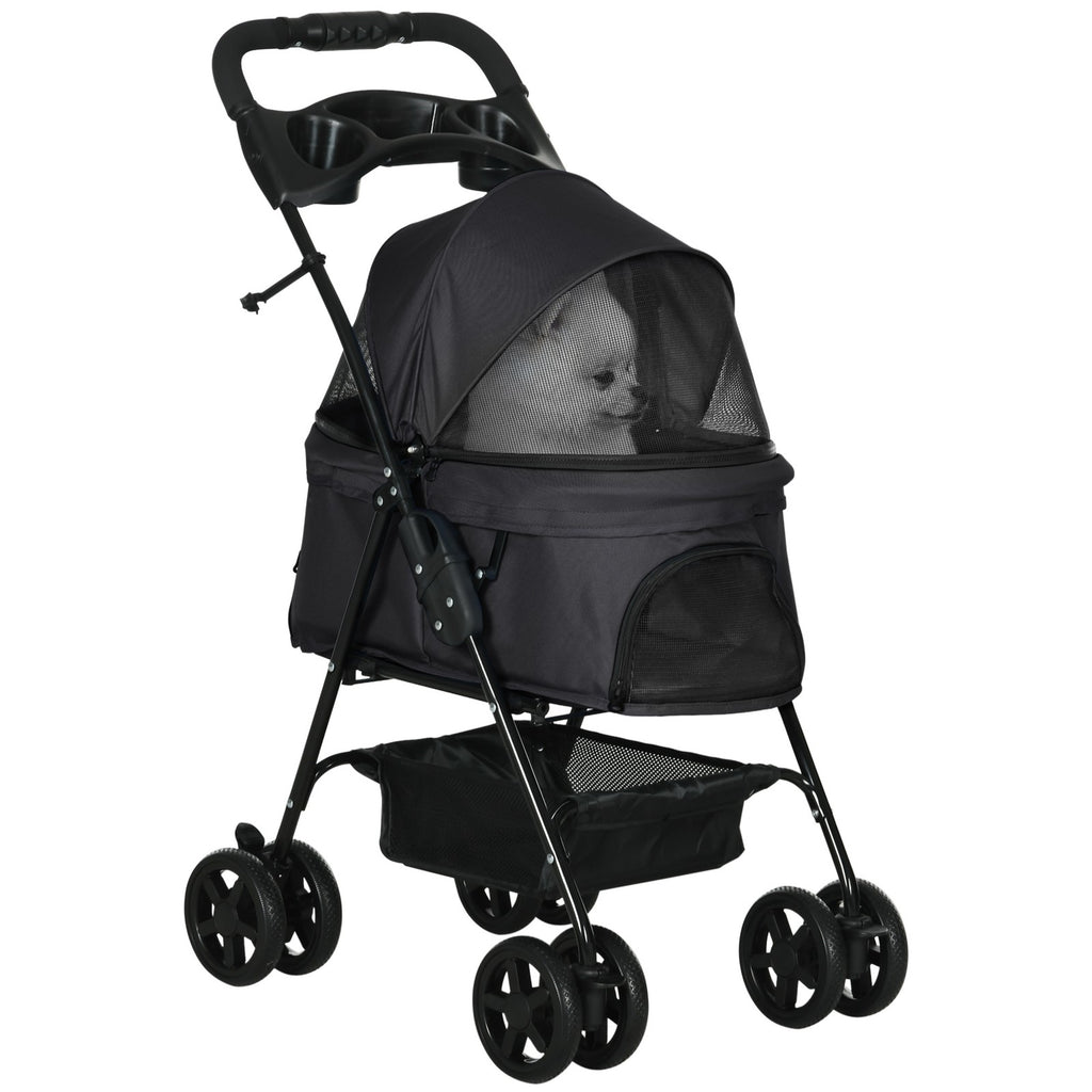 Pet Stroller Foldable Travel Carriage W/ Brake Basket Adjustable Canopy, Black