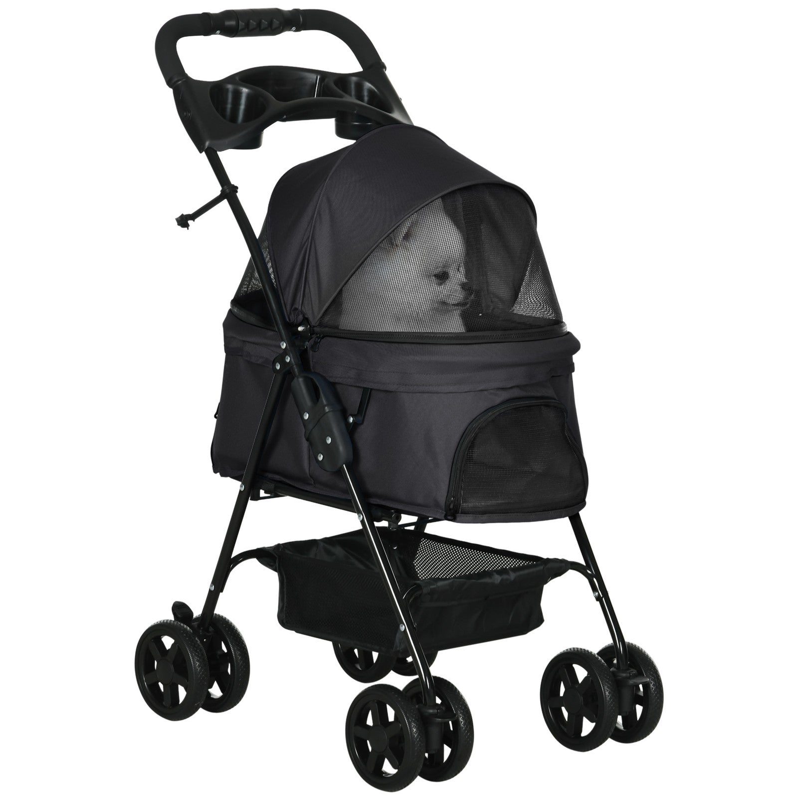Pet Stroller Foldable Travel Carriage W/ Brake Basket Adjustable Canopy, Black