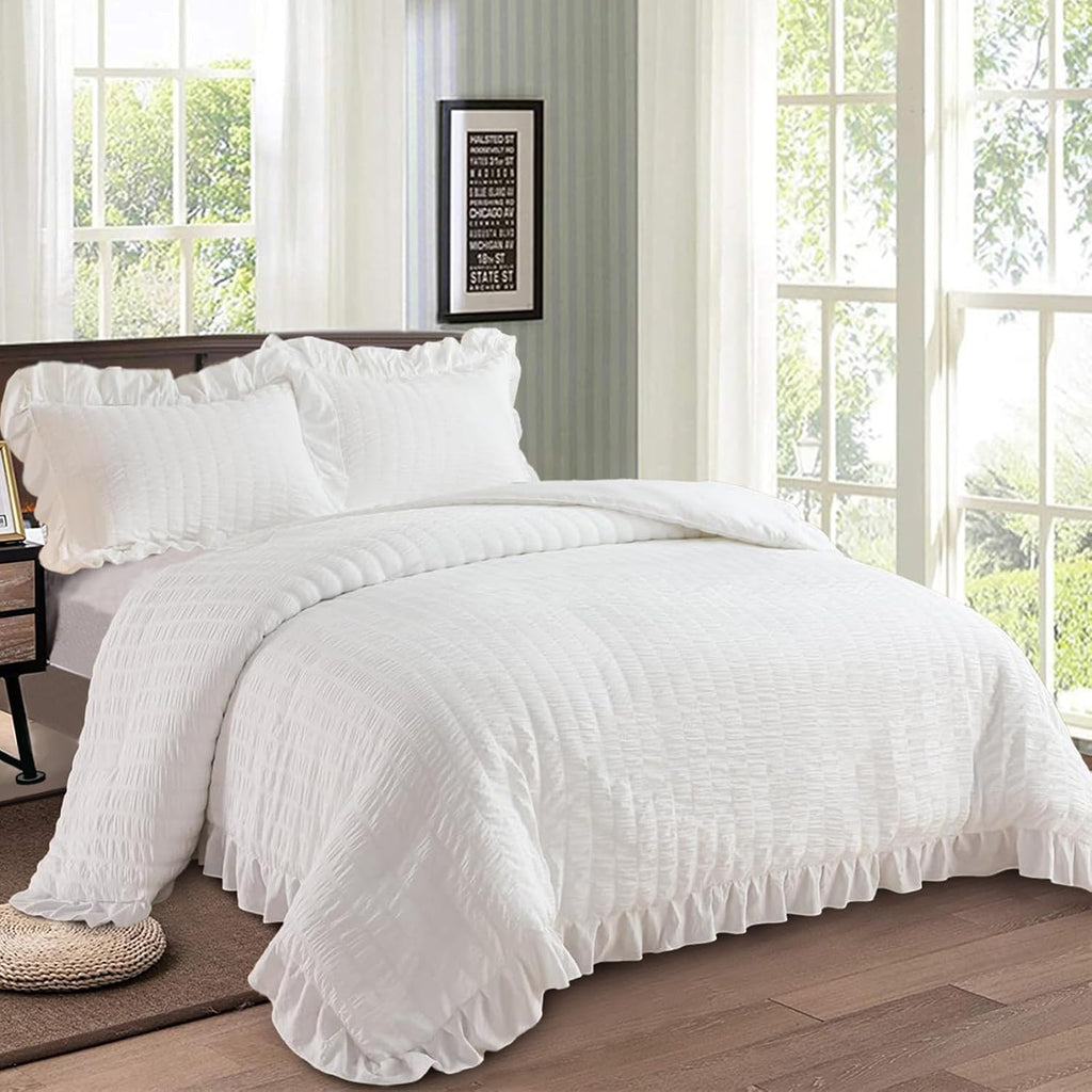 White Double Duvet Cover Set - 3 Pieces Seersucker Ruffle Bedding Sets (1 Duvet Cover and 2 Pillowcases) - Soft Microfiber Bed Sets for All Seasons 200X200 Cm