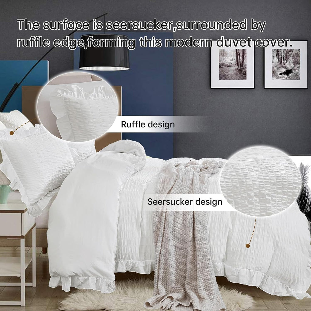 White Double Duvet Cover Set - 3 Pieces Seersucker Ruffle Bedding Sets (1 Duvet Cover and 2 Pillowcases) - Soft Microfiber Bed Sets for All Seasons 200X200 Cm