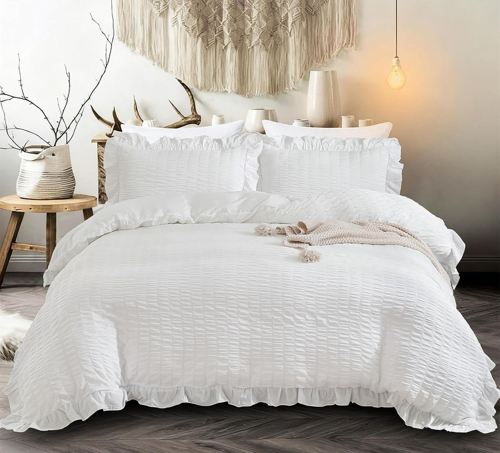 White Double Duvet Cover Set - 3 Pieces Seersucker Ruffle Bedding Sets (1 Duvet Cover and 2 Pillowcases) - Soft Microfiber Bed Sets for All Seasons 200X200 Cm