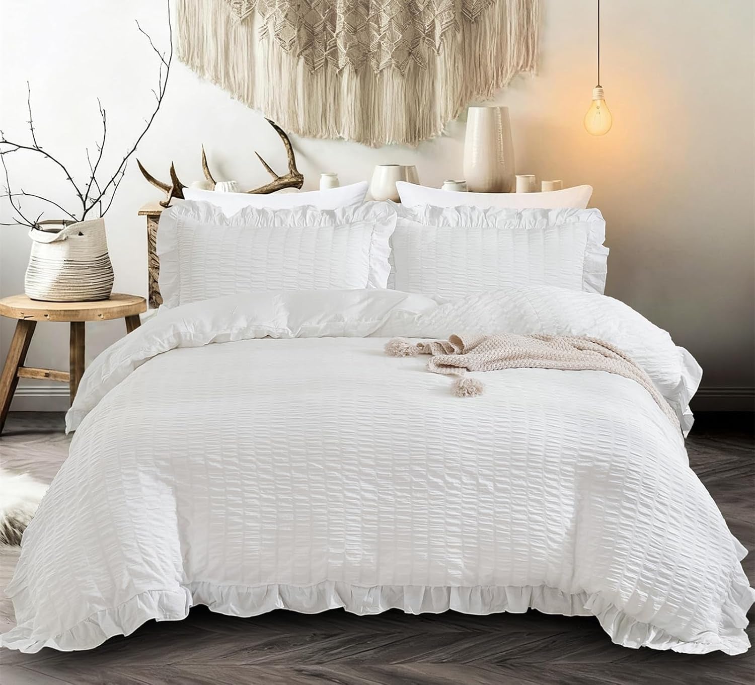 White Double Duvet Cover Set - 3 Pieces Seersucker Ruffle Bedding Sets (1 Duvet Cover and 2 Pillowcases) - Soft Microfiber Bed Sets for All Seasons 200X200 Cm