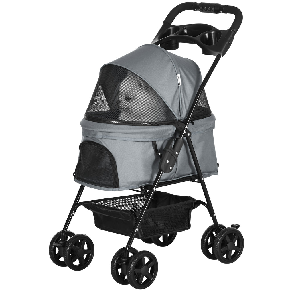 Pet Stroller Foldable Travel Carriage W/ Brake Basket Adjustable Canopy, Black