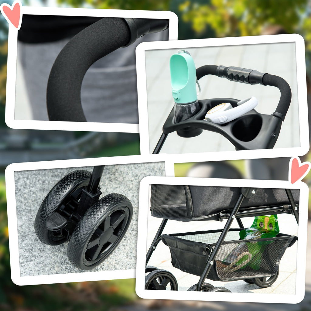 Pet Stroller Foldable Travel Carriage W/ Brake Basket Adjustable Canopy, Black